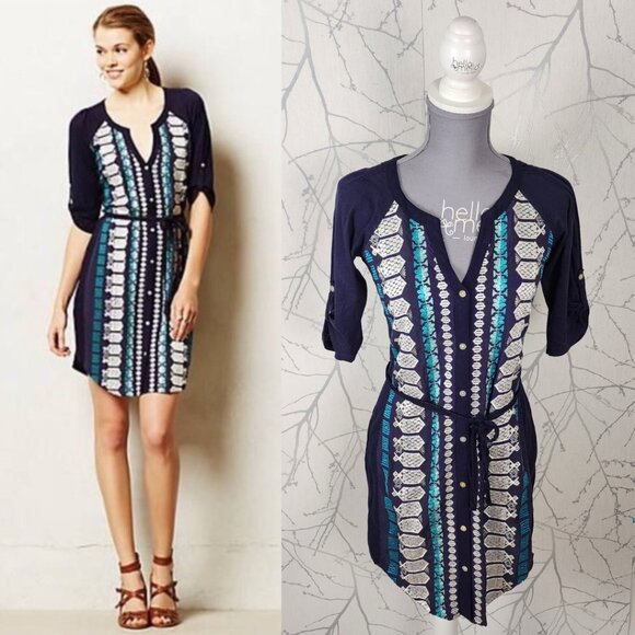 Tiny Navy Artsy Geometric Embroidered Button Up Nadia Shirt Dress - Picture 1 of 7